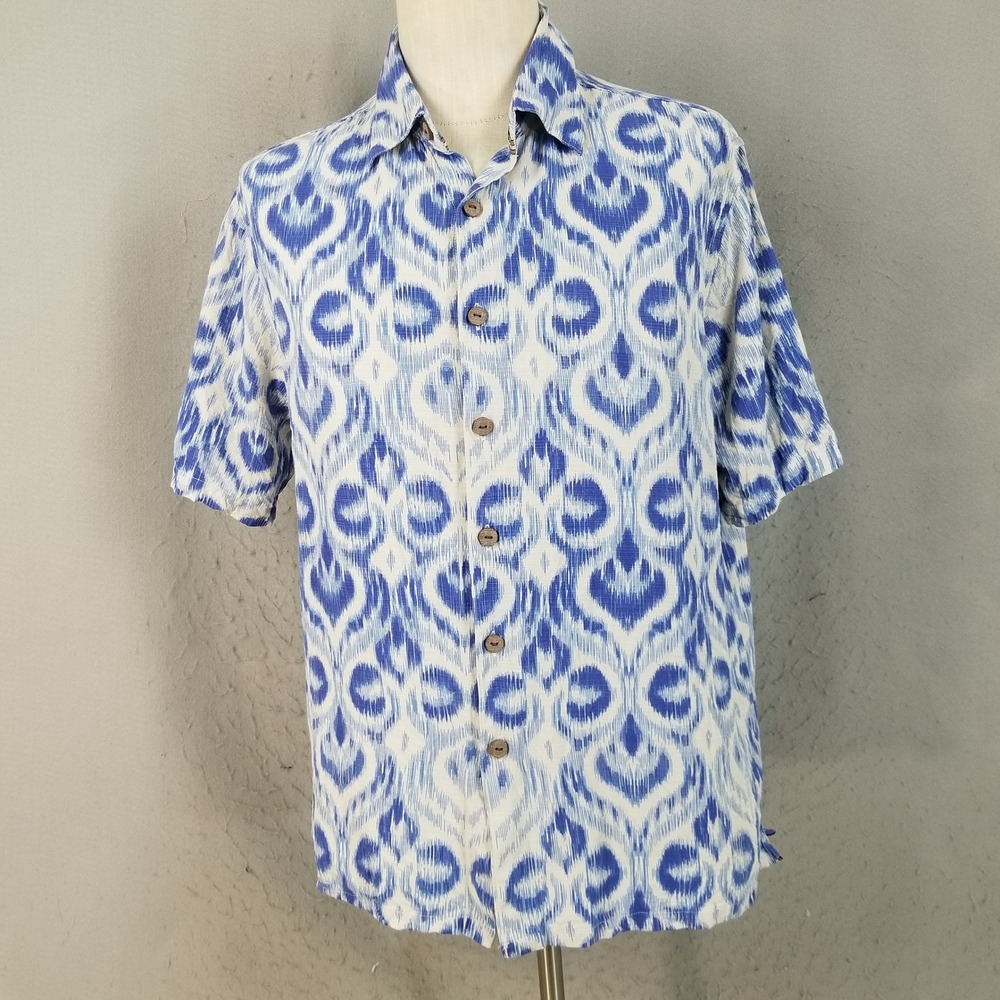 Island Republic Shirt Men L Blue White Vintage Collection 100% Silk Ikat Damask
